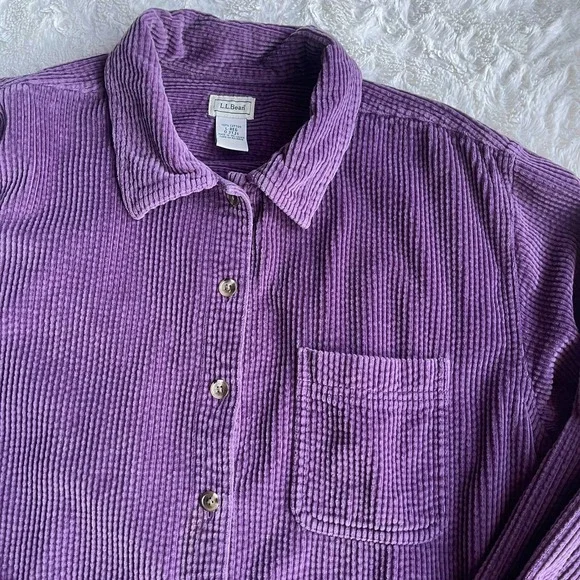 LL Bean wide wale corduroy aubergine purple button-down collared shirt L - Picture 7 of 17